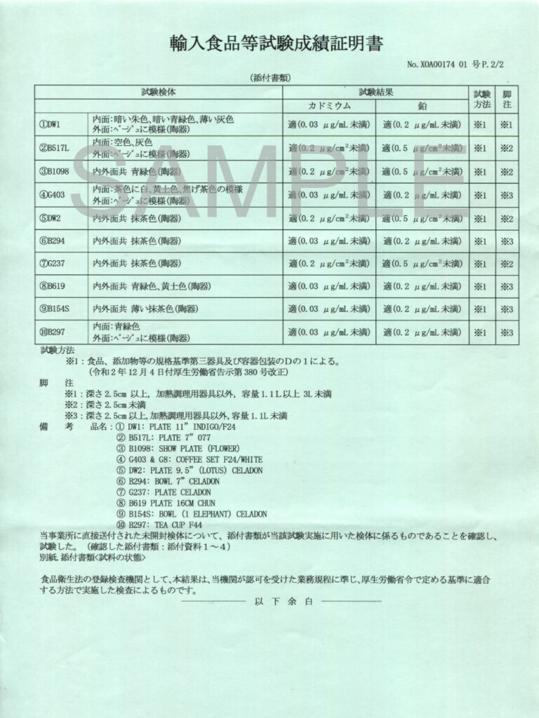 バッチャン焼きなど海外の食器を輸入する際に検疫に提出する輸入食品等試験成績証明書