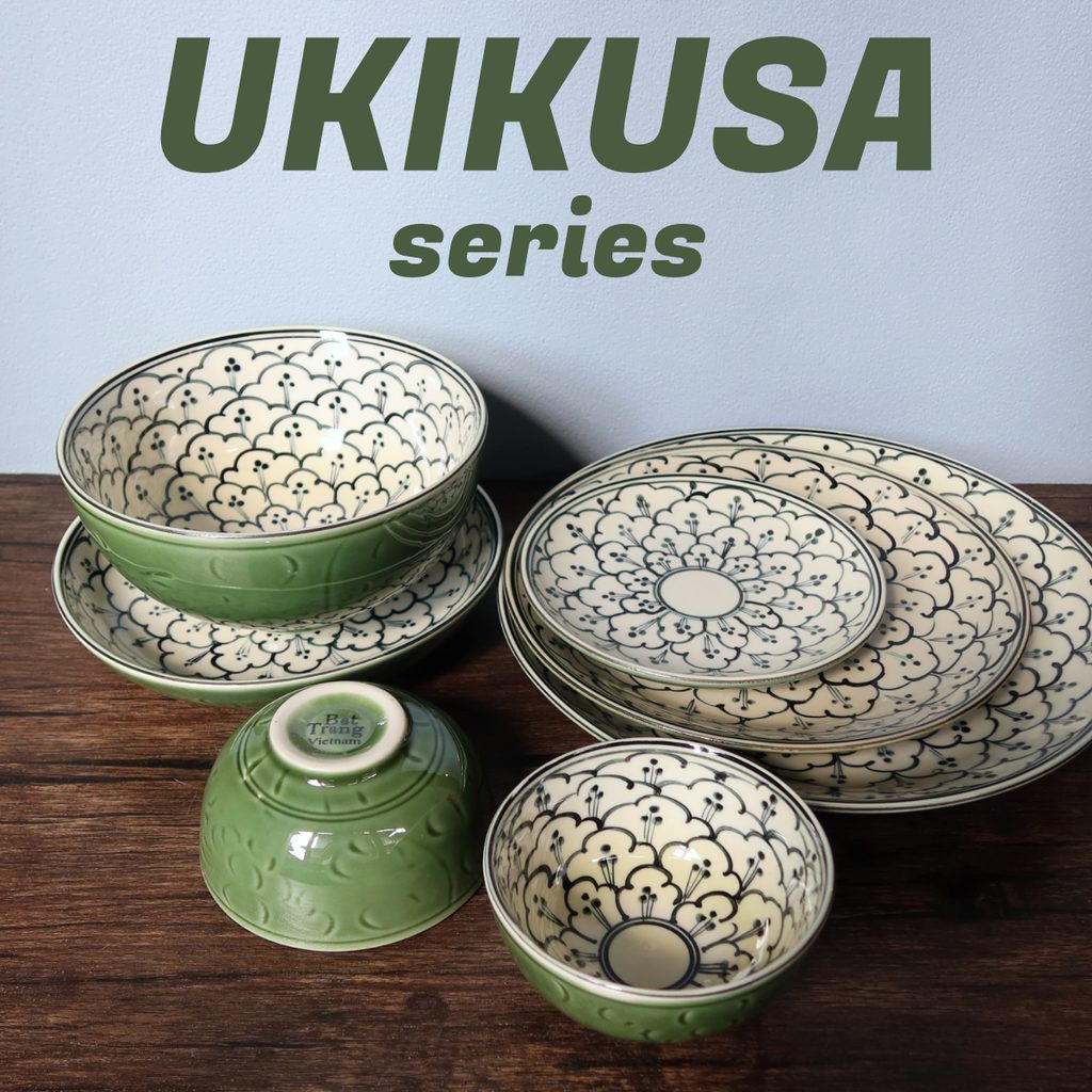 ベトナムの陶器バッチャン焼きの新しいシリーズ『UKIKUSA 浮草』は、丼やお椀、小皿など6種類が入荷しました。